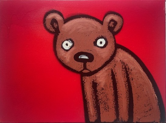 Philipp Jordan Teddy aus der Serie 1000 Teddies Pop Art Originalgemälde roter Hintergrund