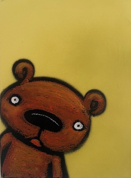 Philipp Jordan Teddy aus der Serie 1000 Teddies Pop Art Originalgemälde gelber Hintergrund